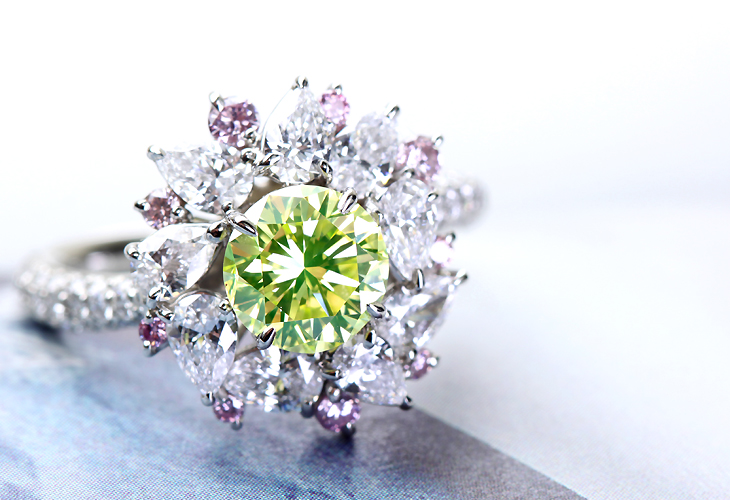 【ハンドメイド】PT950 1.235ct FANCY INTENSE YELLOW GREEN　VS1　インテンスグリーン ダイヤモンド リング