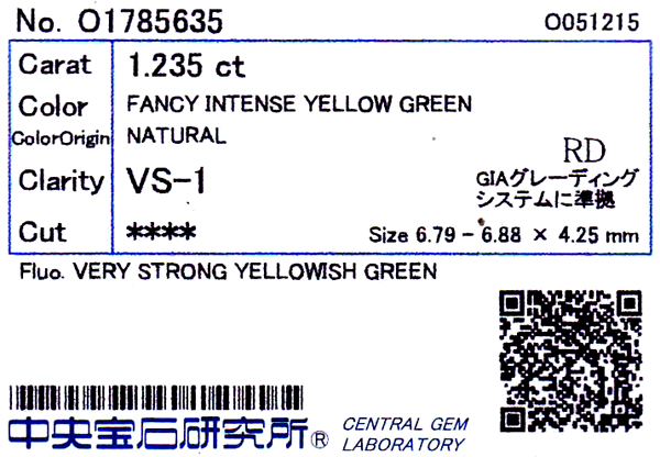 【ハンドメイド】PT950 1.235ct FANCY INTENSE YELLOW GREEN　VS1　インテンスグリーン ダイヤモンド リング