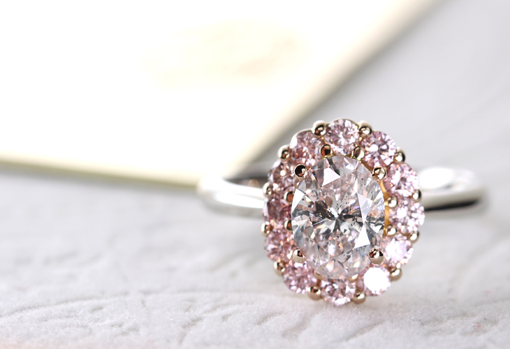 ジュエリー通販ジュエルプラネットPT900/K18PG　1.103ct FANCY LIGHT PINK I1 ピンクダイヤモンド リング　0.543ctピンクダイヤモンド デコレート※AGTソーティングシート付 