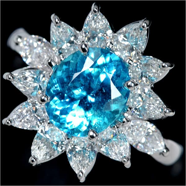 ブラジル・バターリャ産パライバトルマリン2ct ダイヤモンド1.8ct Ptロイヤルリング