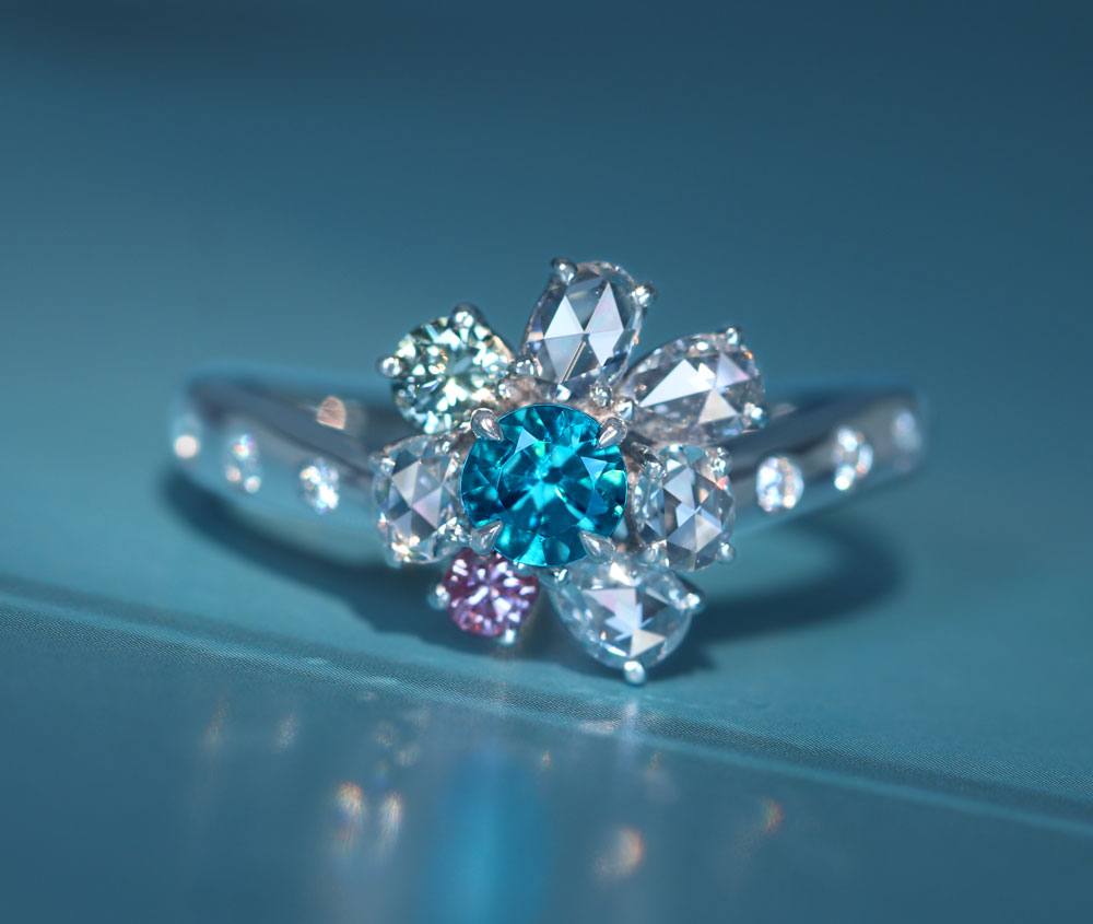 パライバトルマリン ピンクダイヤモンド グリーンダイヤモンド リング