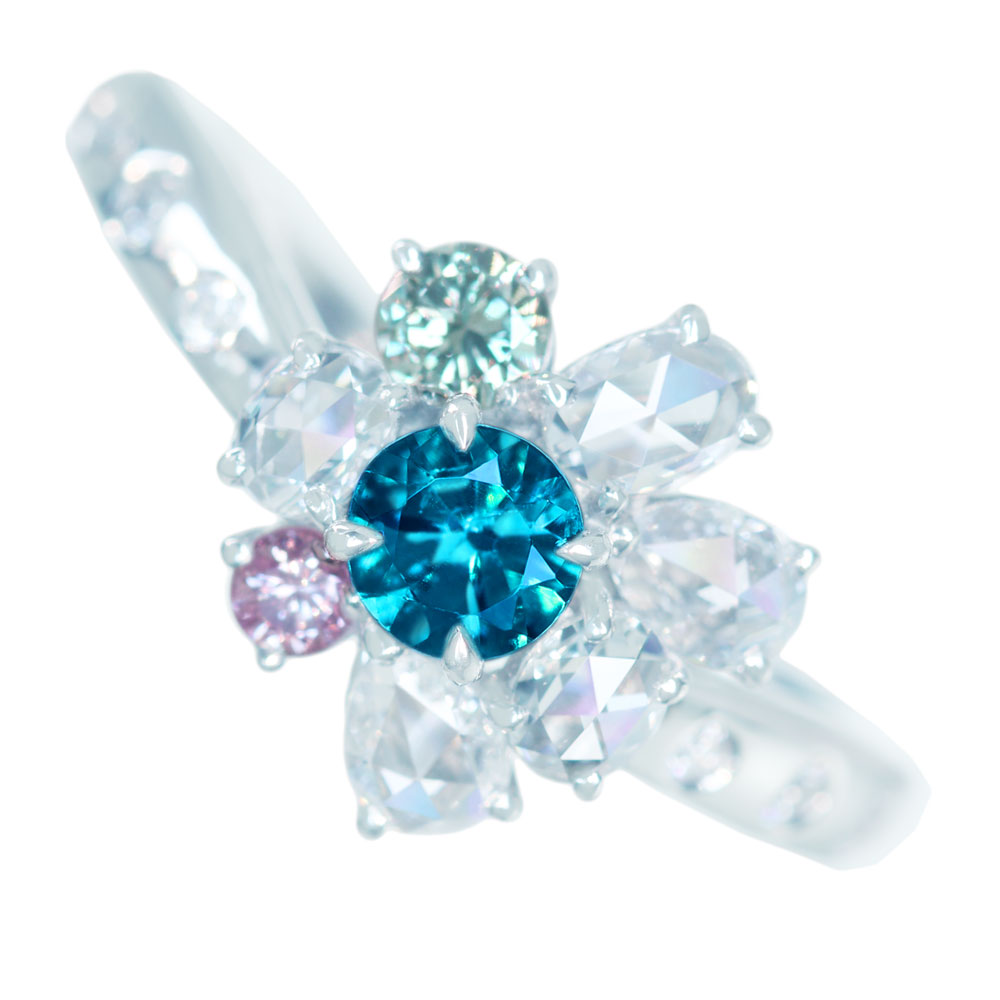 パライバトルマリン ピンクダイヤモンド グリーンダイヤモンド リング